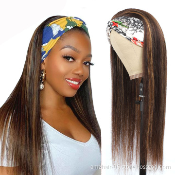 Peruvian Glueless Highlight 1b Honey Brown Color Straight Human Hair Machine Made None Lace Front Headband Wigs For Black Women